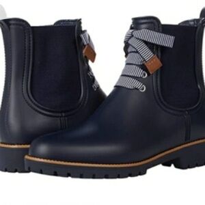 Bernardo Women’s Black Lace Up Rainboot with Gingham Detail